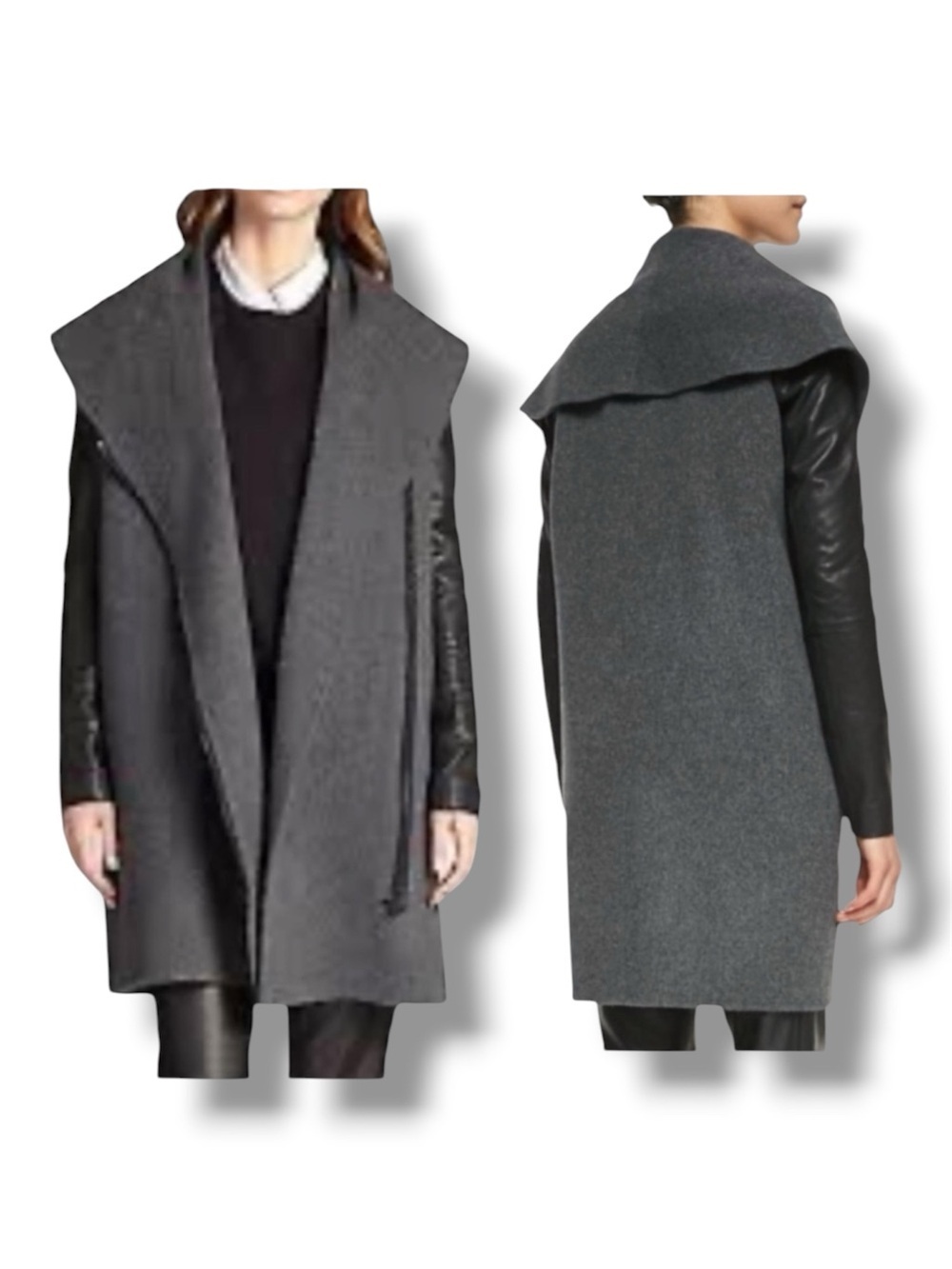 Vince Wool and Leather Asymmetrical Zip Coat Shawl Collar Gray and Black Size S
